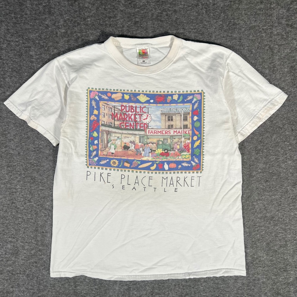 Vintage 1994 Pike Place Market Seattle Art T Shirt Fruit of the Loom White Large - Picture 2 of 6